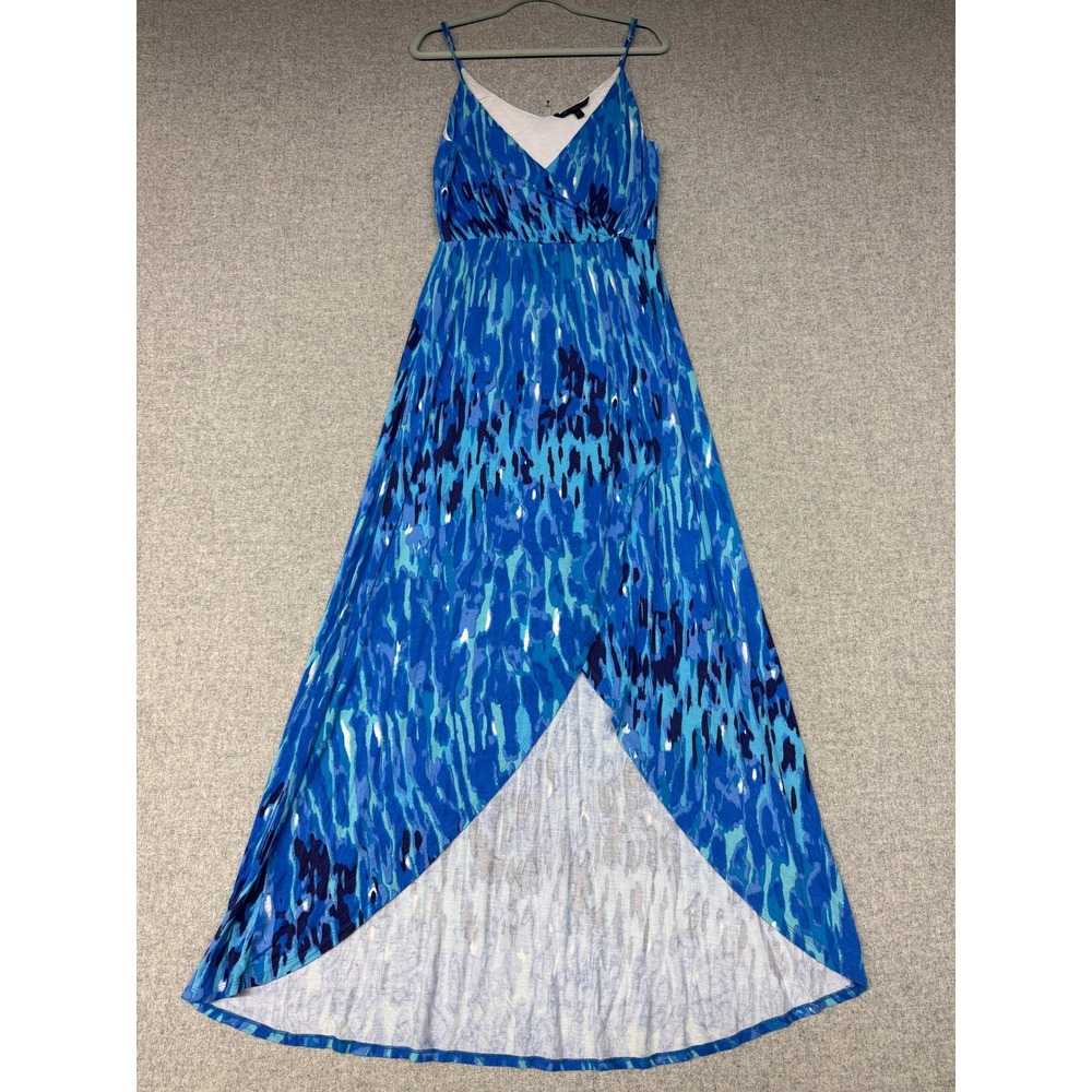 Felicity & Coco Maxi Dress Large Blue Abstract Print High-Low Faux Wrap Gown
